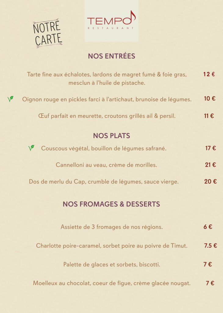 Carte restaurant Tempo Joigny Septembre 2024