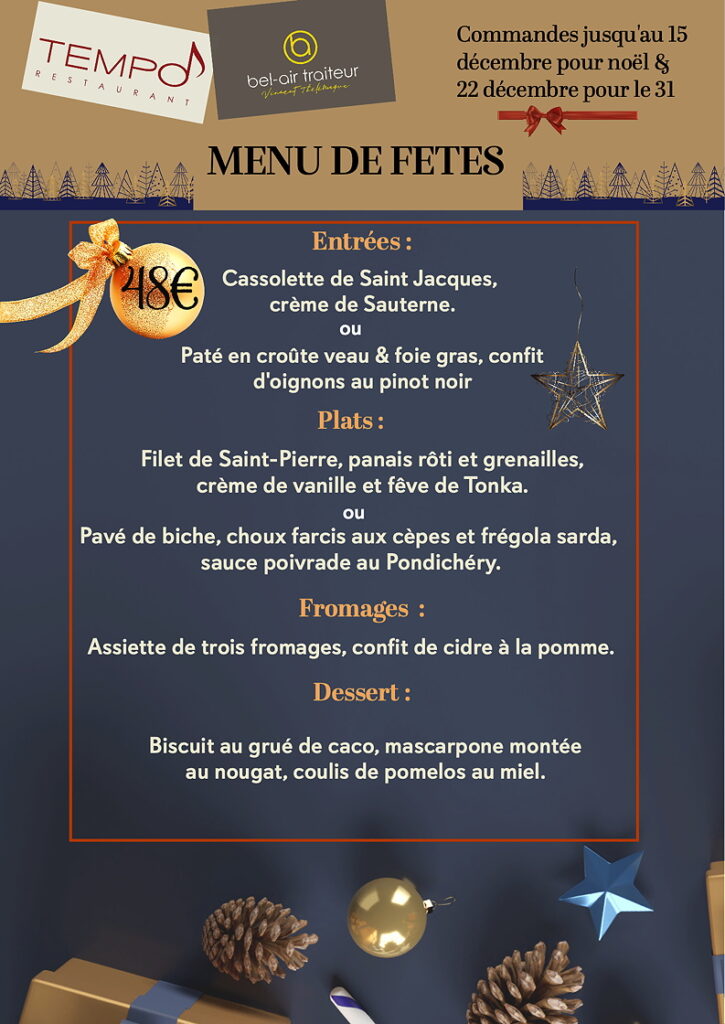 Menu des fêtes 2024 au Restaurant Le Tempo